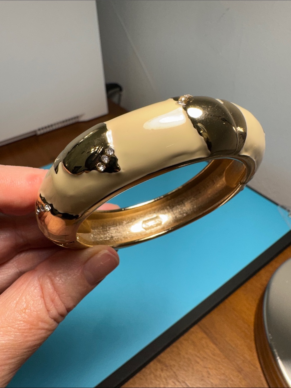 Cream and Gold Crystal Accent Bangle Bracelet - Women Accessories